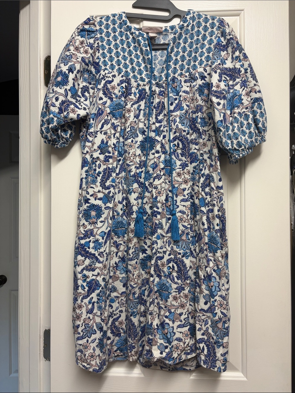 Knox Rose Blue Floral Cotton Dress with Tassel Detail